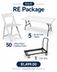 RE Package – 50 White Resin Folding Chairs, 5 Six-Foot Bi-Fold Tables & 1 Chair Dolly