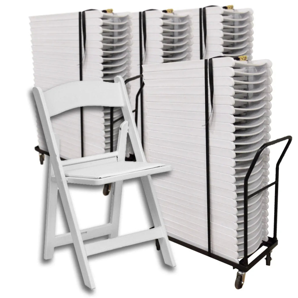 White folding chair next to a stack of white chairs on a black cart against a white background