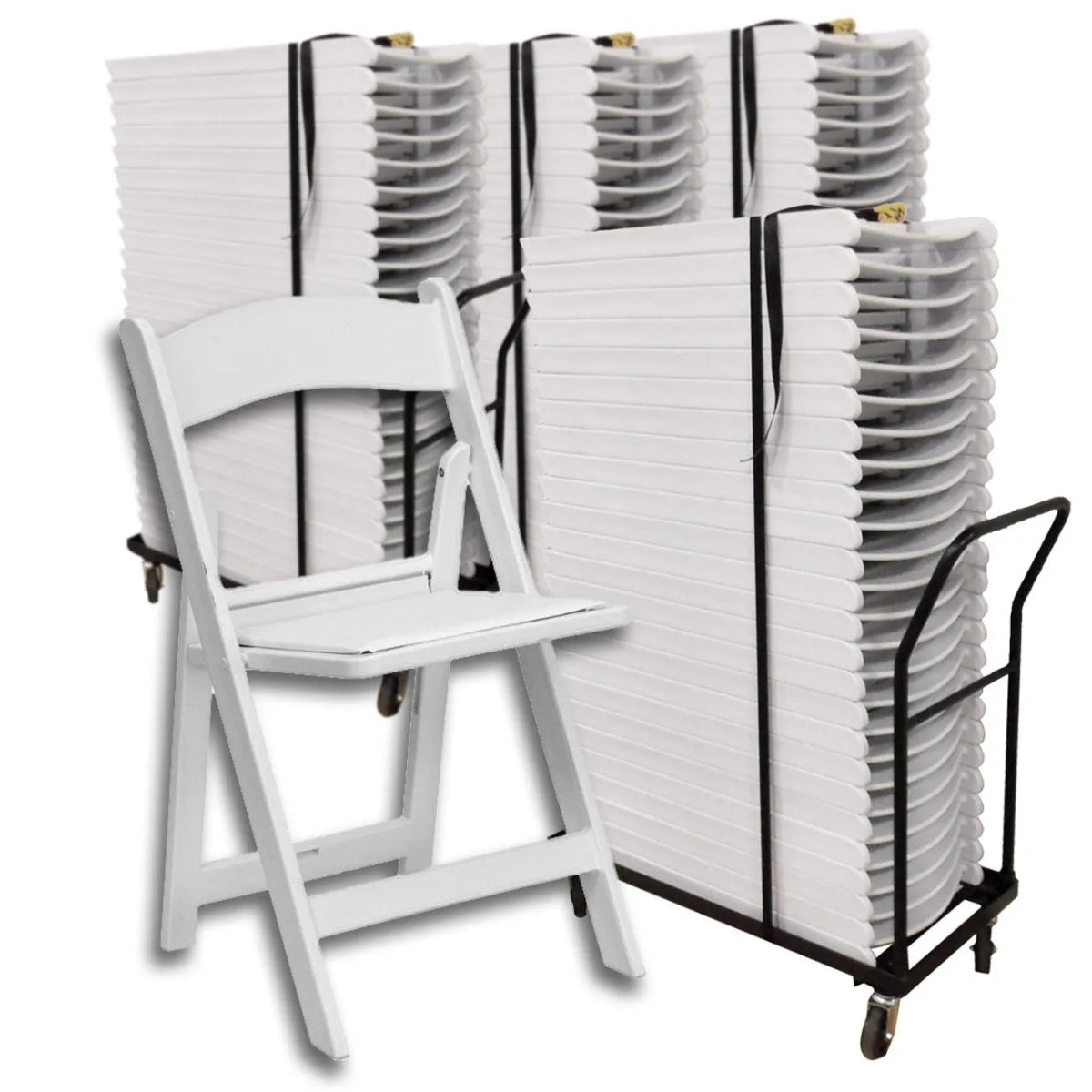 White folding chair next to a stack of white chairs on a black cart against a white background Main image