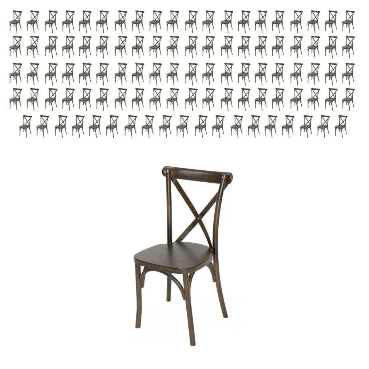 Brown chair with cross-back design in front of a grid of smaller identical chairs on a white background Main image