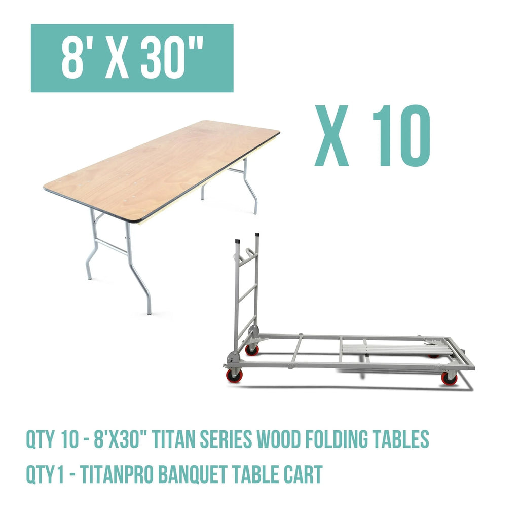 10 - 8' x 30'' Wood Folding Banquet Table and Banquet Table Cart Bundle Free Shipping