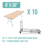 10 - 8' x 30'' Wood Folding Banquet Table and Banquet Table Cart Bundle Free Shipping