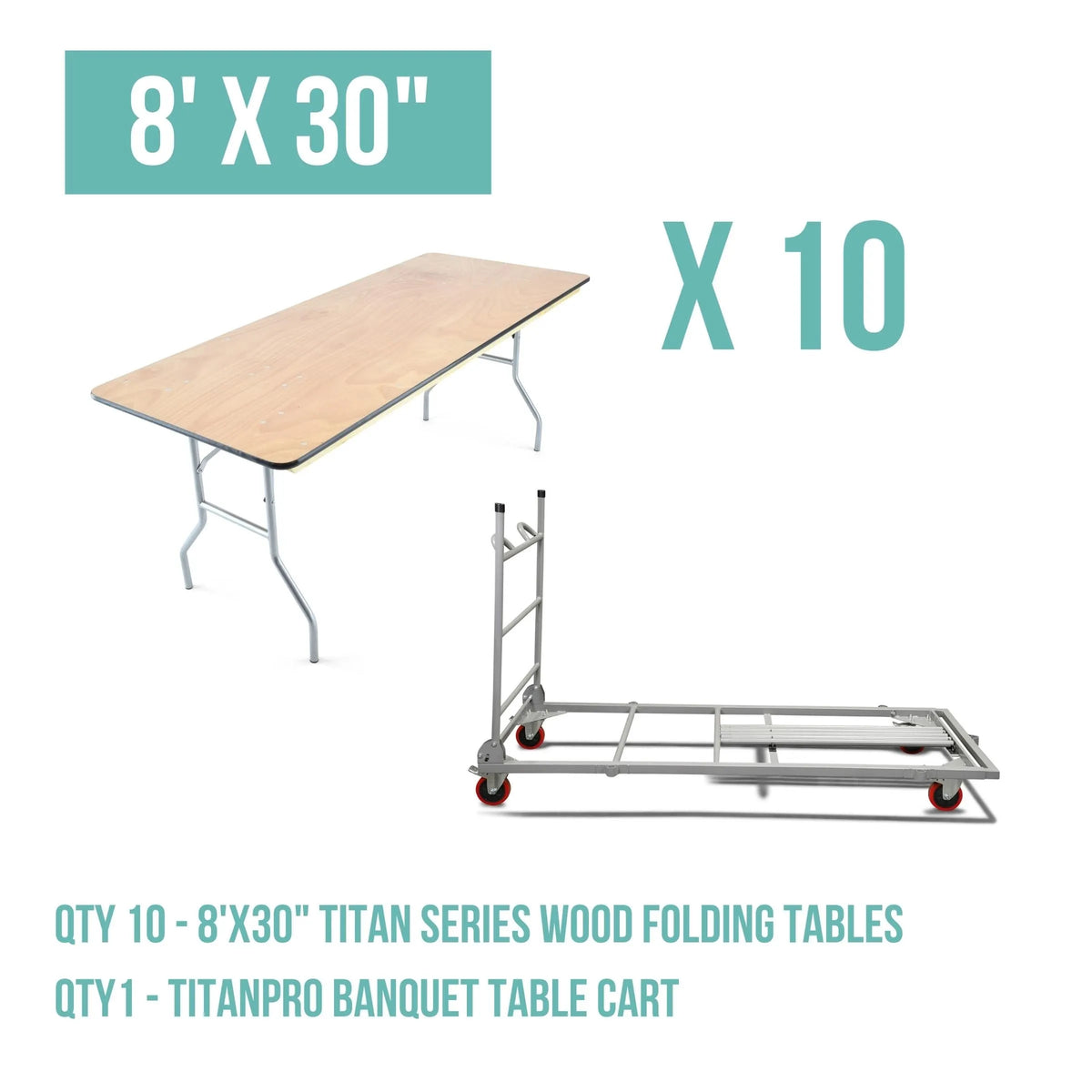 10 - 8' x 30'' Wood Folding Banquet Table and Banquet Table Cart Bundle Free Shipping Main image