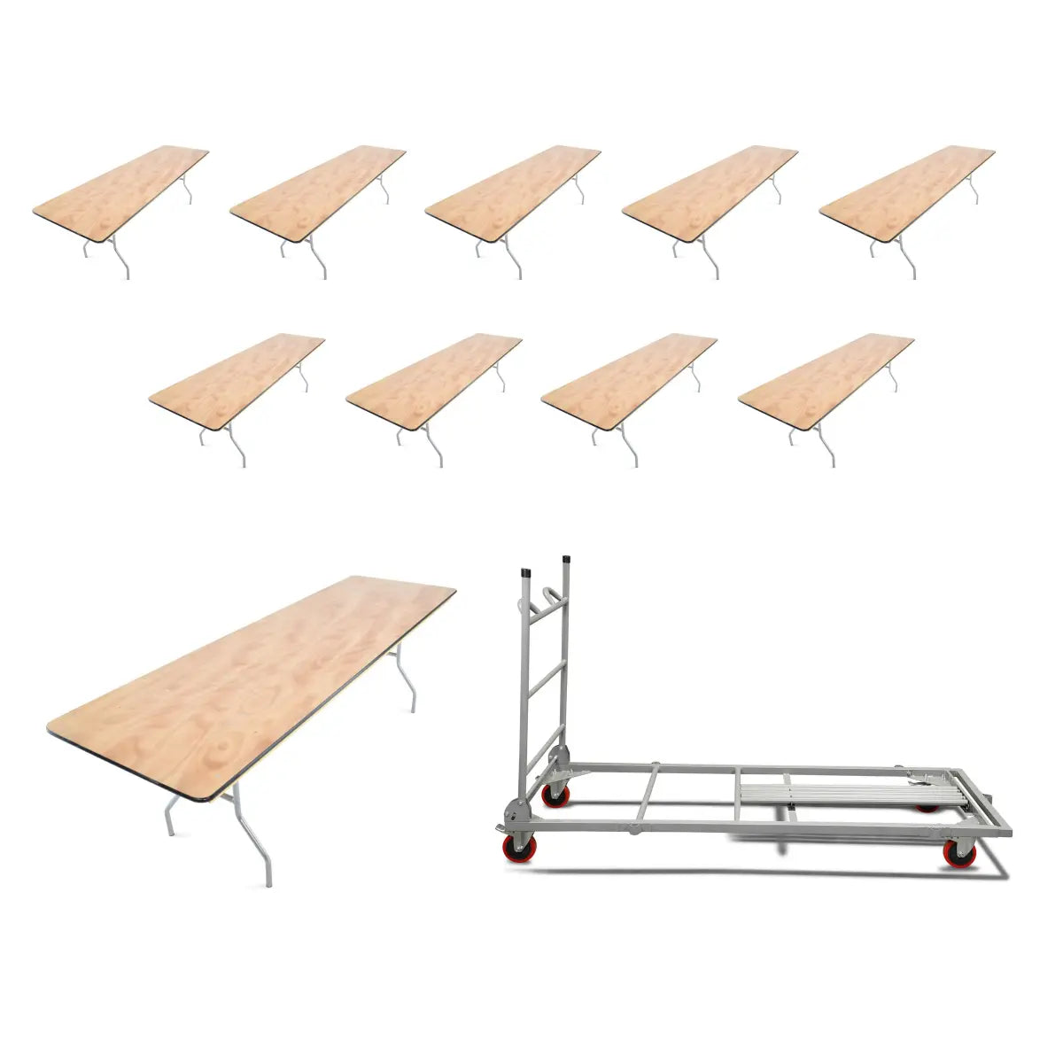 10 - 8' x 30'' Wood Folding Banquet Table and Banquet Table Cart Bundle Free Shipping
