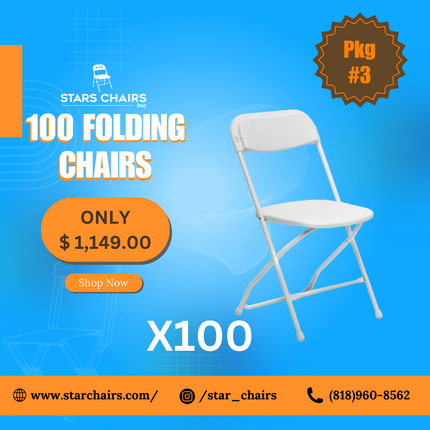 Package #3 100 white plastic folding chairs package deal