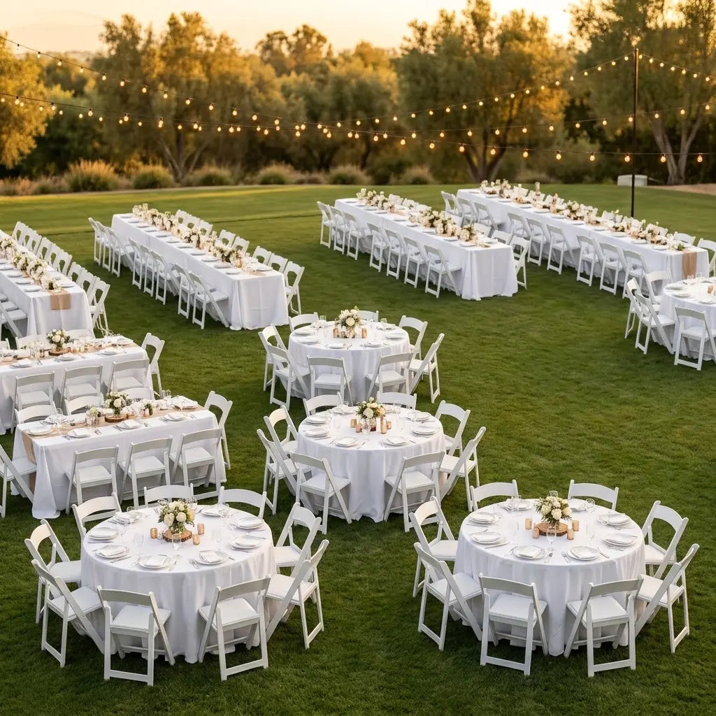 160 Person Outdoor Bundle for Weddings - 160 Resin Folding Chairs and 20 Round Tables 60 Inch