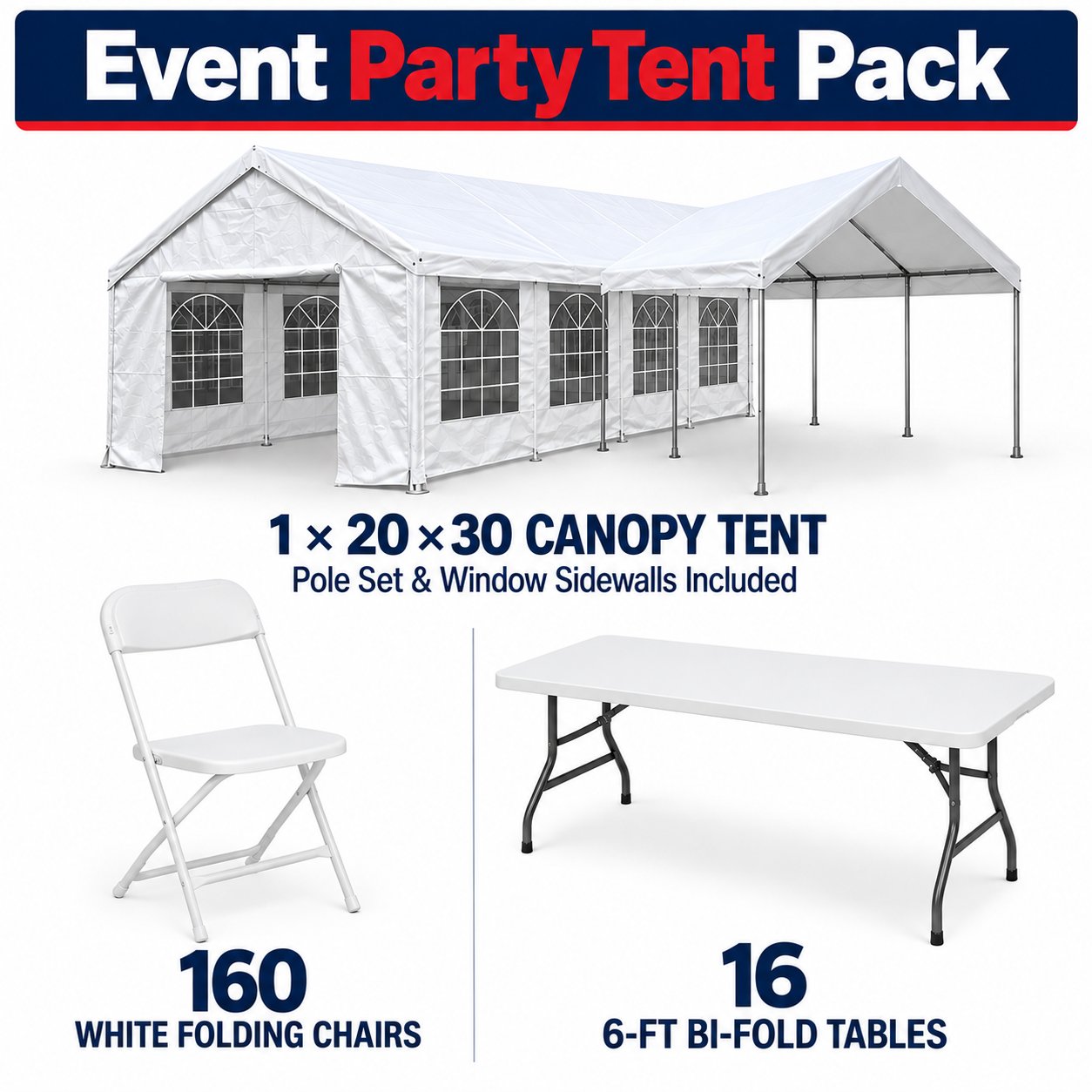 Event Party Tent Pack – 160 White Folding Chairs, 16 Tables &amp; 20' x 30' Canopy Tent