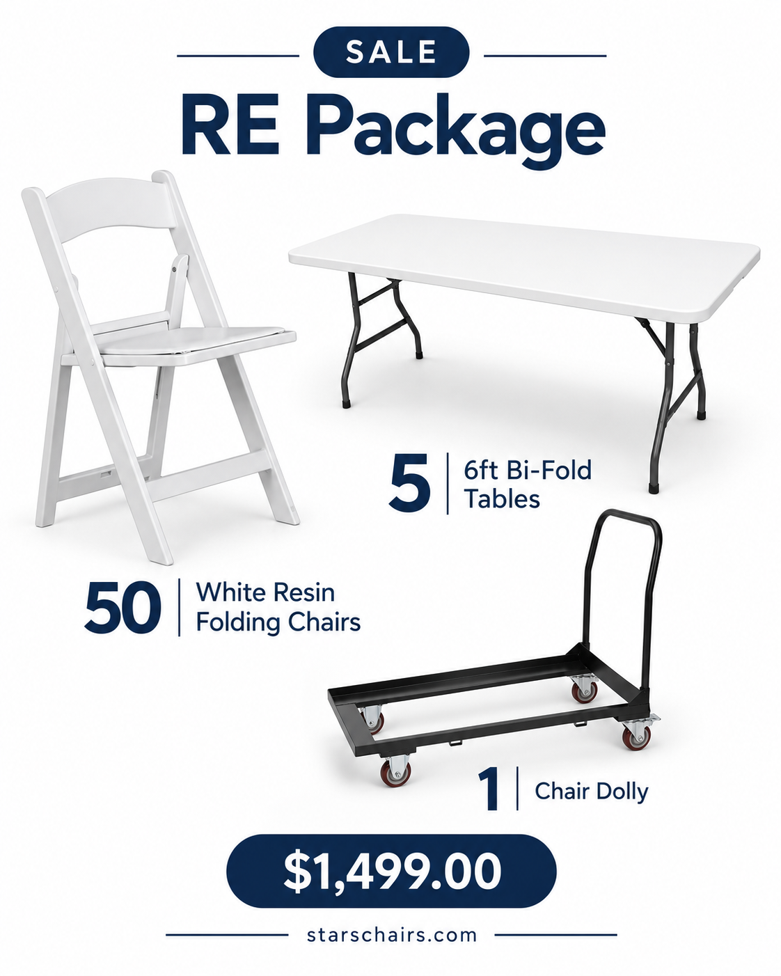 RE Package – 50 White Resin Folding Chairs, 5 Six-Foot Bi-Fold Tables & 1 Chair Dolly Main image