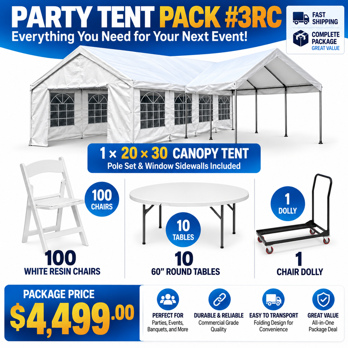 Party Tent Pack #3RC – Resin Chair & Round Table Event Package