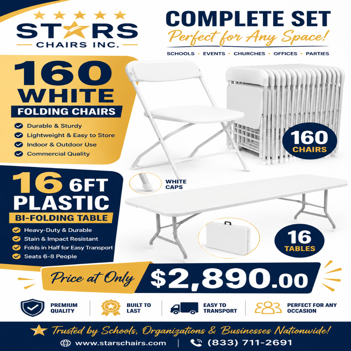 Advertisement for Stars Chairs Inc. product set with folding chairs and a table. Imagen principal del producto