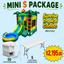 Promotional image of a 'Mini S Package' with a tropical combo inflatable structure, chairs, and tables on a light blue background.