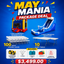 Promotional graphic for 'May Mania Package Deal' with inflatable bouncer and water slide on a blue background.