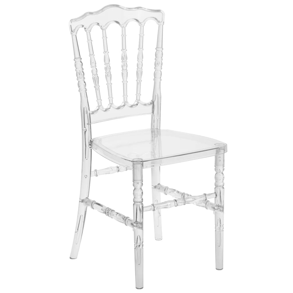 Clear plastic chair with intricate back design on a white background