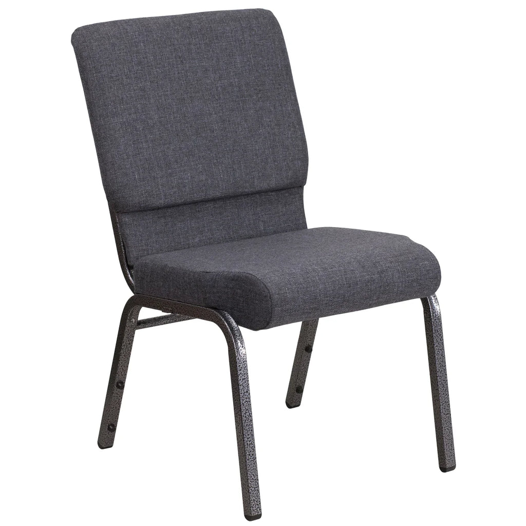 Gray upholstered chair with metal frame on a white background