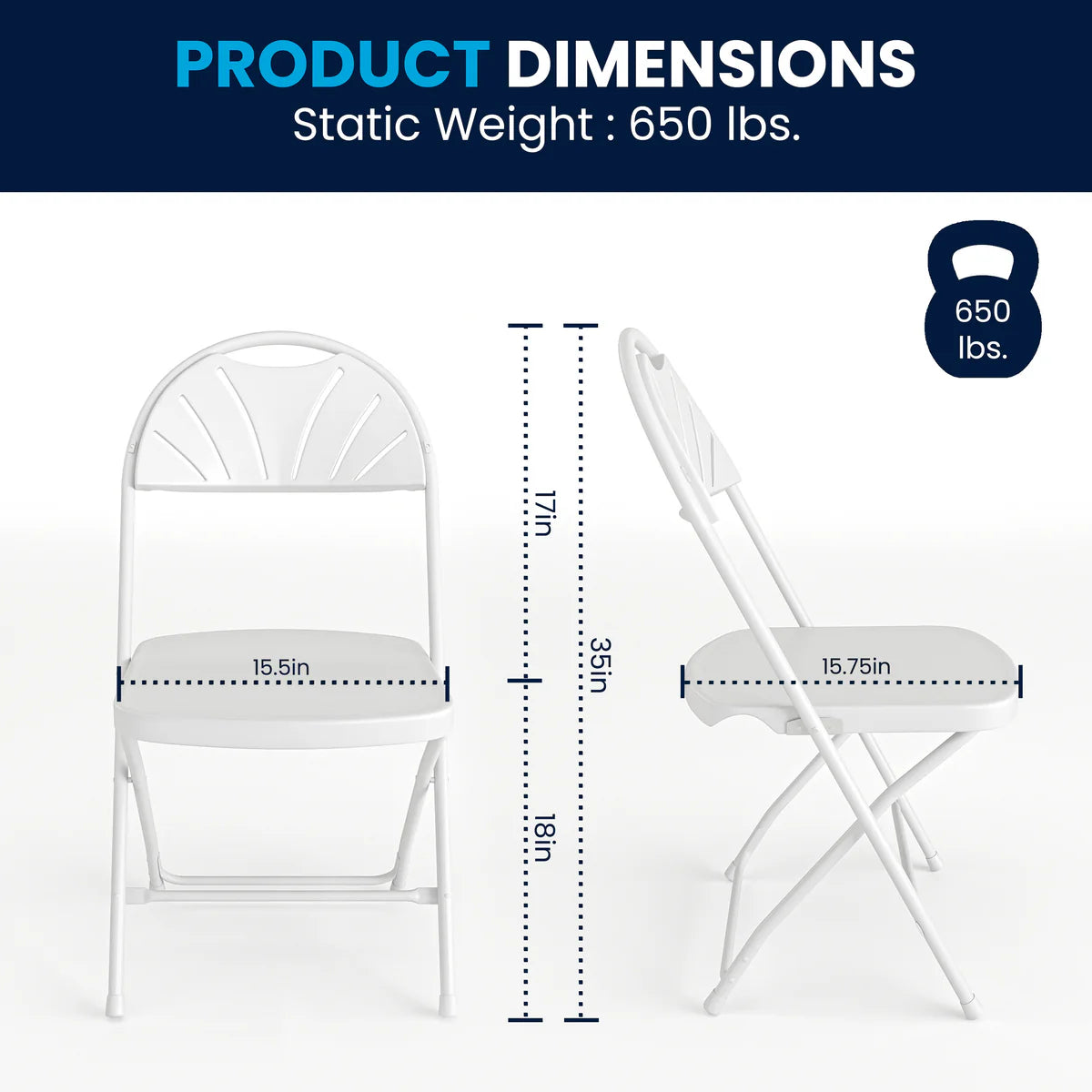 Silla plegable de plástico con respaldo tipo abanico, capacidad de 295 kg