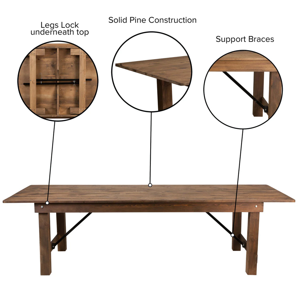 9' x 40" Rectangular Solid Pine Folding Farm Table