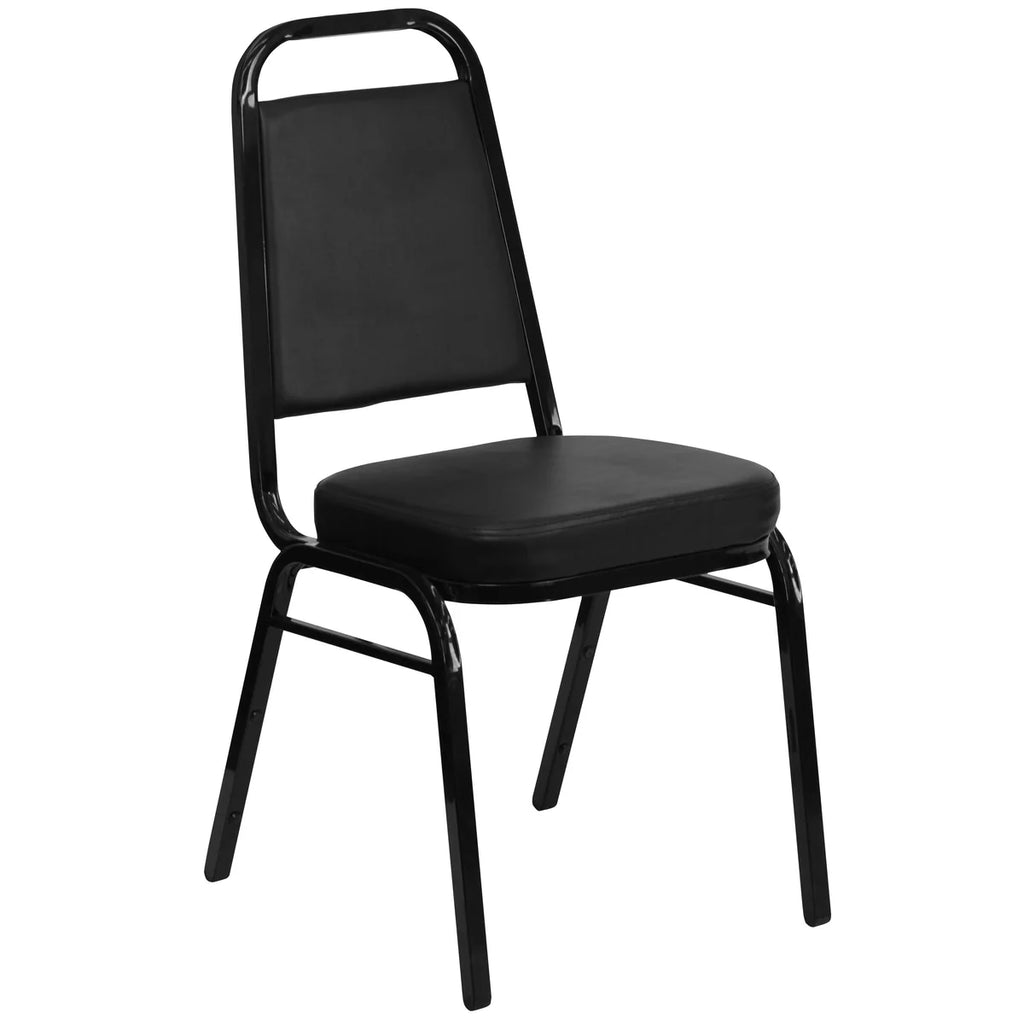 Black metal chair with cushioned seat on a white background