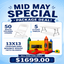 Promotional flyer for a 'Mid May Special' package deal with chairs, tables, and a bouncy castle.