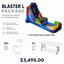 Inflatable water slide with accessories and pricing information on a white background