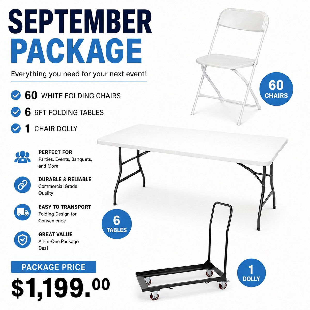 September Package Deal – 60 Folding Chairs, 6 Tables & Chair Dolly