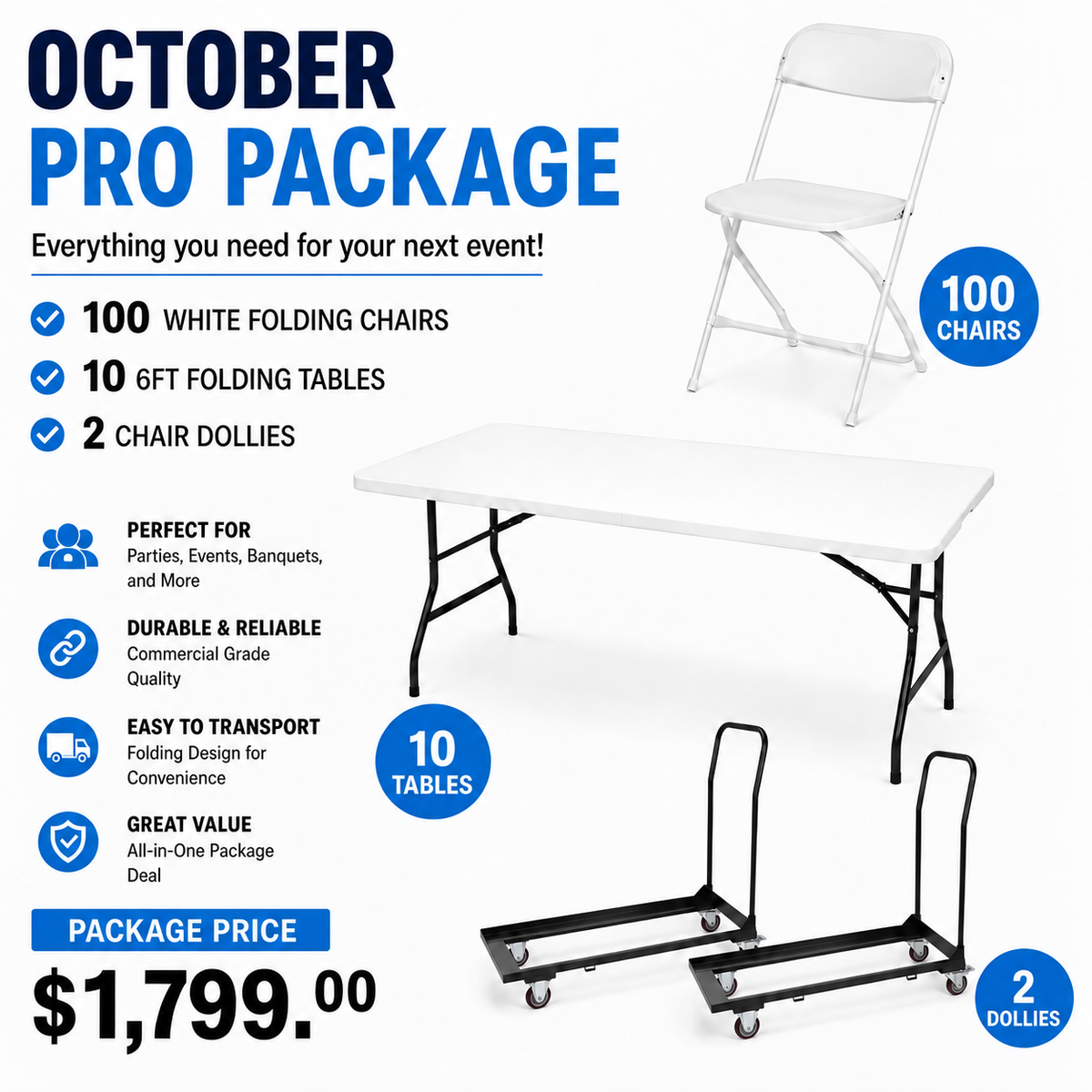 October Pro Package – 100 Folding Chairs, 10 Tables & 2 Dollies Imagen principal del producto
