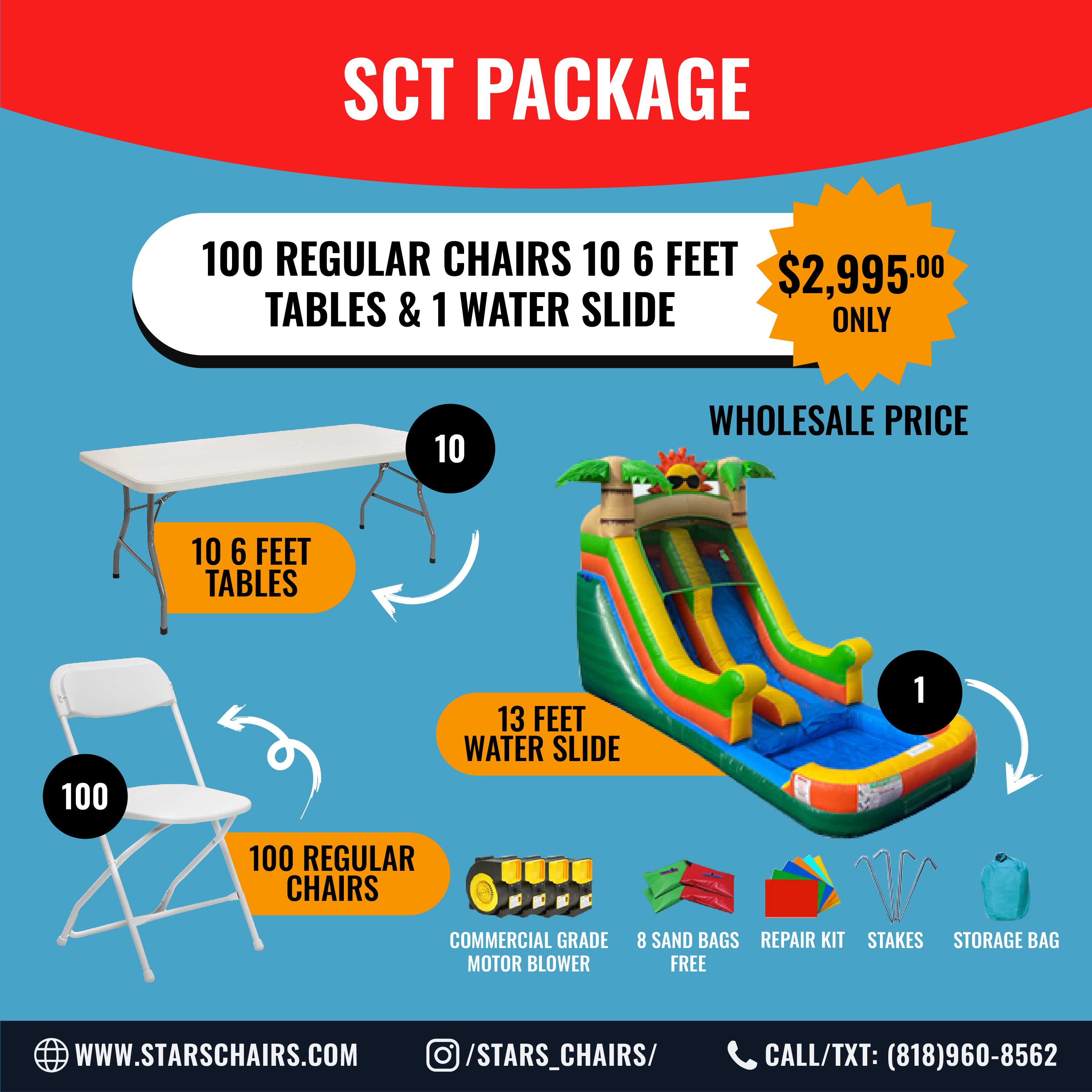 SCT Package Tables chairs & inflatables water slide Semi- Commercial