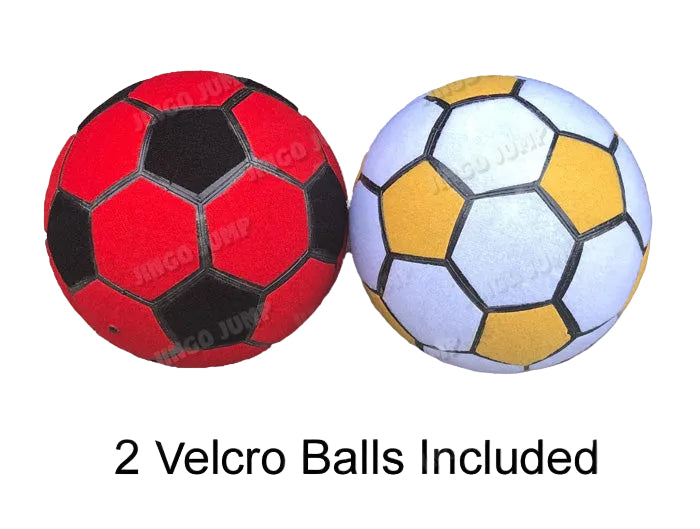 Two Velcro balls, one red and black, one multicolored, on a white background with text '2 Velcro Balls Included'.