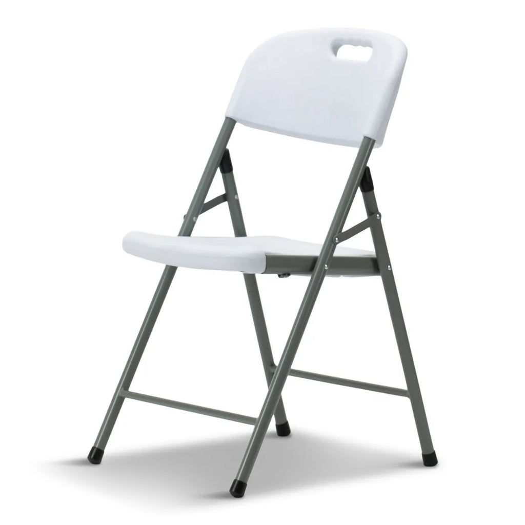 White folding chair with gray legs on a white background