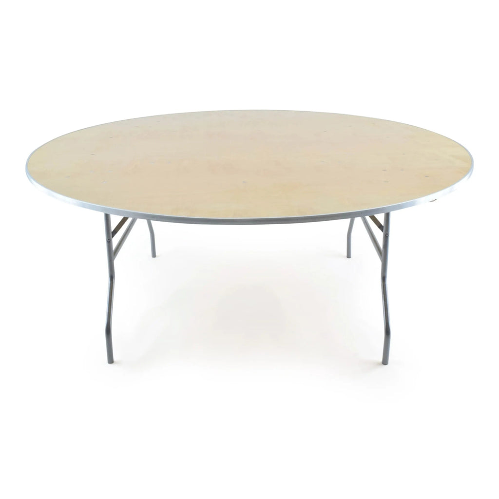 Round wooden table with metal legs on a white background