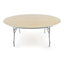 Round wooden table with metal legs on a white background