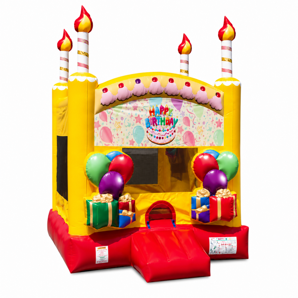 Colorful inflatable birthday castle with candles and balloons on a white background
