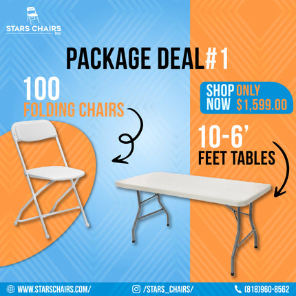 Package #1 -100 Plastic Chairs 10-6 Feet Tables Heavy Duty