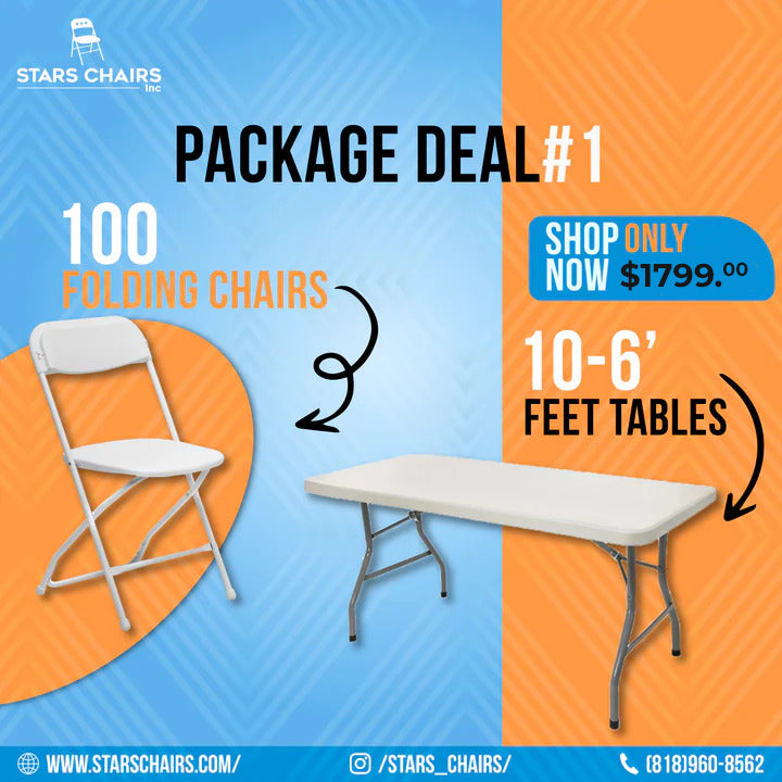 Package #1 -100 Plastic Chairs 10-6 Feet Tables Heavy Duty