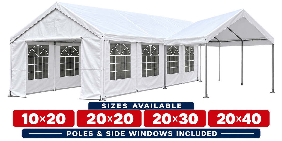 Commercial white canopy tent available in 10x20, 20x20, 20x30 and 20x40 sizes Main image