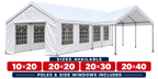 Commercial white canopy tent available in 10x20, 20x20, 20x30 and 20x40 sizes